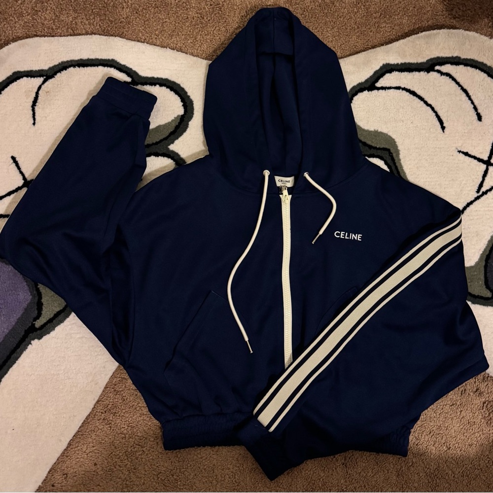 Celine Navy Blue Hoodie with White Stripes